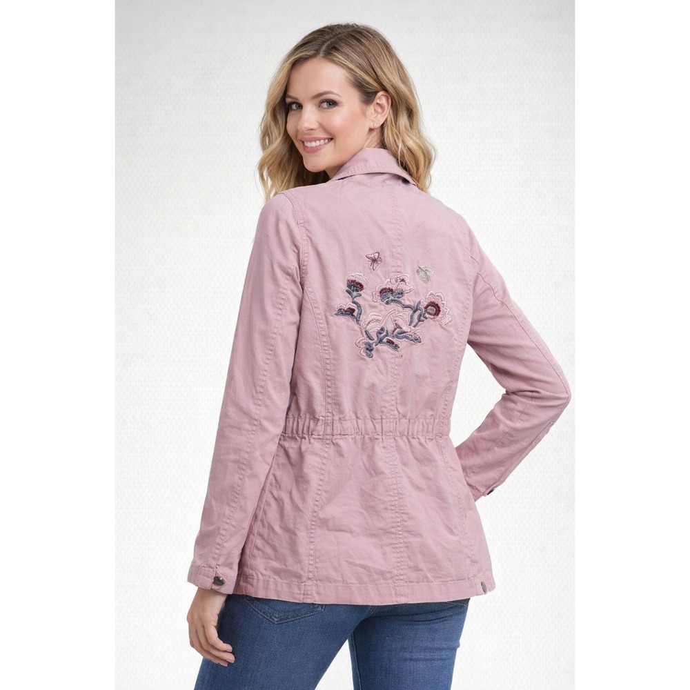 Ashley Pink Floral‎ Embroidered Boho Cotton Utility Jacket size SMALL